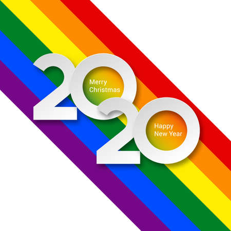 2020 New Year White Numeral Text Lettering on Bright Colorful Rainbow Background Design Template. Greeting Card, Banner or Invitationのイラスト素材