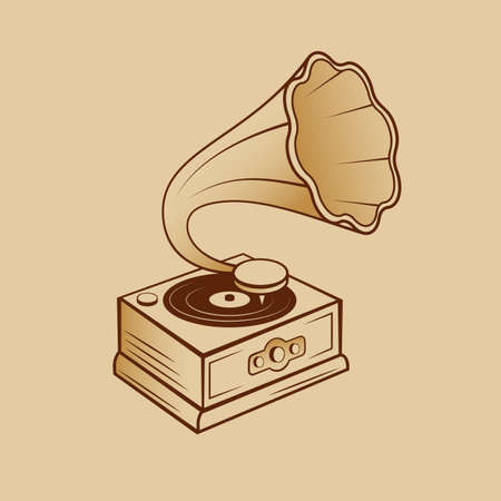 Aged Brass Gramophone Isolated on the Cartoon Style Pen on old Paper. Trendy Design Element for Posters, Web and Coloring Pageのイラスト素材