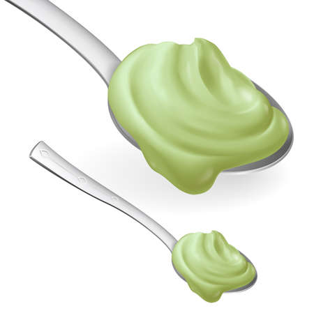 Spoon with Green Cream Concept of Teaspoon with Yoghurt or Sour Cream for Healthy Cooking or Baking and Confectionery. Realistic Style Trend Modern Foodie Logotype Graphic Simple Design Elementのイラスト素材