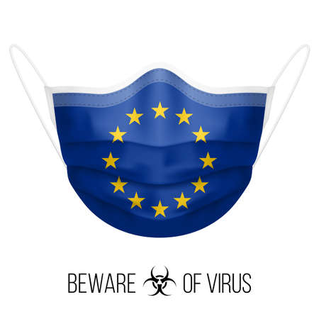 Medical Mask with National Flag of European Union as Icon on White. Protective Mask Virus and Flu. Surgery Concept of Health Care Problems and Fight Novel Coronavirus (2019-nCoV) in Form of EU flagのイラスト素材