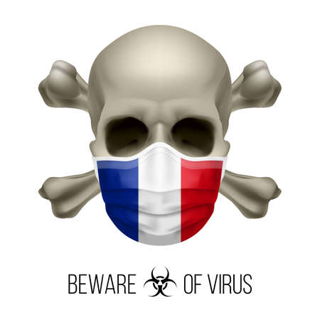 Human Skull with Crossbones and Surgical Mask in the Color of National Flag France. Mask in Form of the French Flag and Skull as Concept of Dire Warning that the Viral Disease Can be Fatalのイラスト素材