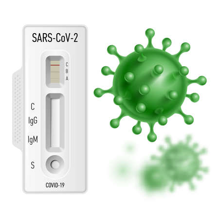 Lab Card Kit to Detect COVID-19 Coronavirus in Patient Samples. Test IgM-IgG Rapid Test on White Background and Green Virus COVID-19 Cell in Spherical Shape with Long Antennasのイラスト素材