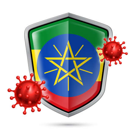 Flag of Ethiopia on Metal Shiny Shield Icon and Red Corona Virus Cells. Concept of Health Care and Safety Badge. Security Safeguard Metal Label with Ethiopian Flagのイラスト素材