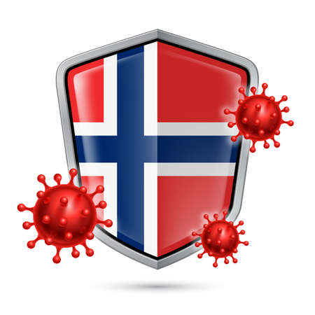 Flag of Norway on Metal Shiny Shield Icon and Red Corona Virus Cells. Concept of Health Care and Safety Badge. Security Safeguard Metal Label with Norwegian flagのイラスト素材