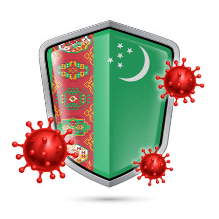 Flag of Turkmenistan on Metal Shiny Shield Icon and Red Corona Virus Cells. Concept of Health Care and Safety Badge. Security Safeguard Metal Label with Turkmenian flagのイラスト素材