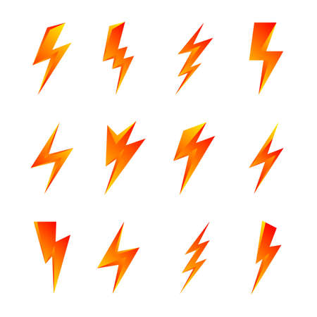 Yellow Lightning Bolt Icons Isolated on White Background. Simple Icon Storm or Thunder and Lightning Strike. Flash Symbol, Thunderbolt. Simple Cartoon Lightning Strike Sign for Designのイラスト素材