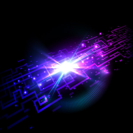 Abstract Futuristic Circuit Board. The Interplay of Network Lines, Lights, and Symbols Against a Dark Background on the Subject of Networking, or Science.のイラスト素材