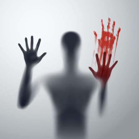 Shadow Blur of Horror Man Behind the Matte Glass. Blurry Hand, Body Figure Abstraction, and Two Palms with Blood. The Reflection of the Silhouette Through the Lightのイラスト素材