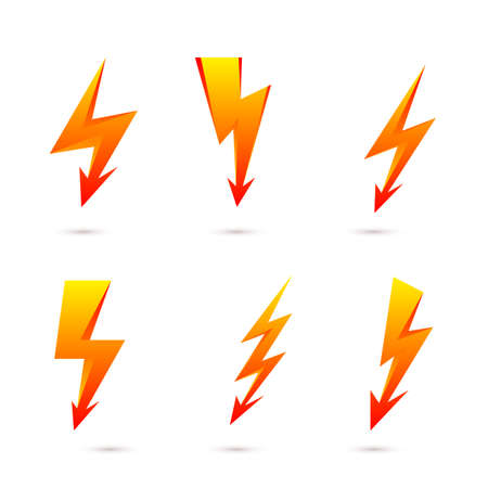 Yellow Lightning Bolt Symbols Isolated on White. Simple Icon Storm or Thunder and Lightning Strike. Simple Cartoon Lightning Strike Icons with Shadow Effectのイラスト素材