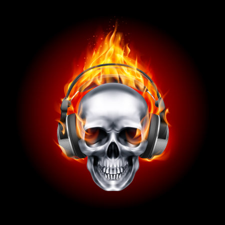 Flaming Skull Music with Headphone or Human Skull Listening to Music Earphone Decorated at Halloween Party on Fireのイラスト素材