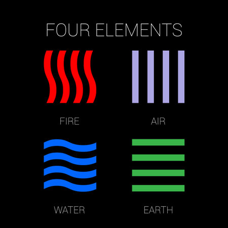 Four Elements of Nature Fire, Air, Water, Earth. Templates for Renewable Energy or Ecology , Emblems, or Cards. Abstract Concept of Alternative Energy Sources on Black Backgroundのイラスト素材
