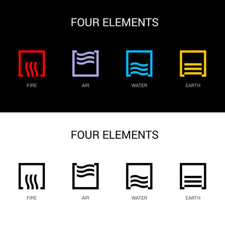 Four Elements of Nature Fire, Air, Water, Earth. Templates for Renewable Energy or Ecology Inscribed in a Square. Abstract Concept of Alternative Energy Sources on Black and White Backgroundのイラスト素材