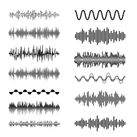 Sound Waves Set. Playing Song Visualization, Radiofrequency Lines, and Sounds Amplitudes. Can be Used for Radio, Music Clubs Projects, Audio Logo or Musical Pulse Backgroundのイラスト素材