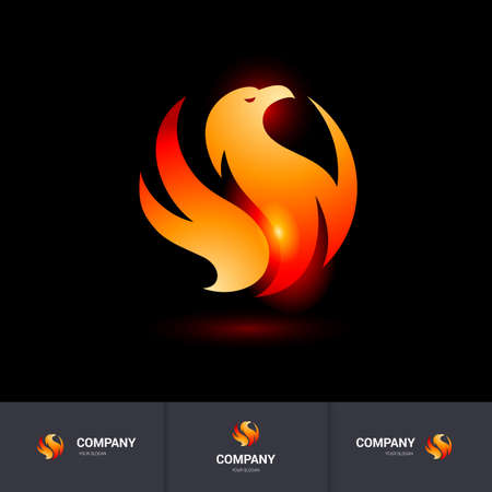 Flat Illustration of Stylized Flaming Phoenix or Falcon, Eagle Bird Logo Designs Template on Black Backgroundのイラスト素材