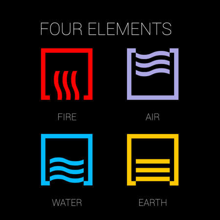 Four Elements of Nature Fire, Air, Water, Earth. Templates for Renewable Energy or Ecology Logos, Emblems, or Cards Inscribed in a Square. Abstract Concept of Alternative Energy Sources on Blackのイラスト素材