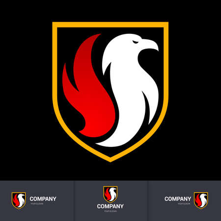 Creative Eagle Logo Shield Shape Concept Logo Design. Modern Professional Hawk Logo Design. Phenix Head Logo Illustration on Blackのイラスト素材