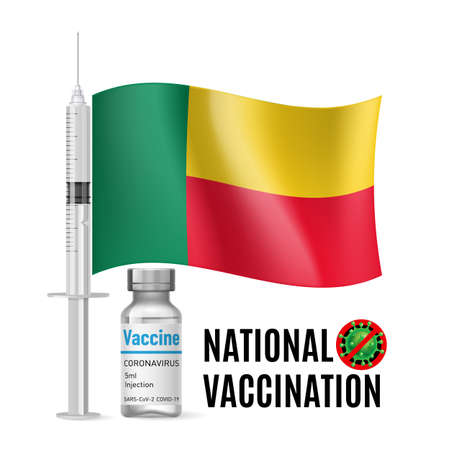 Flag of Benin with Vaccine Immunization Syringe and the Vial of Antibiotic for Vaccination. Concept of Health Care and National Vaccination with Beninese flagのイラスト素材