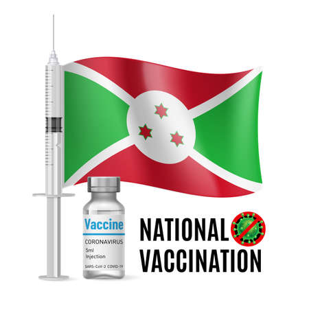 Flag of Burundi with Vaccine Immunization Syringe and the Vial of Antibiotic for Vaccination. Concept of Health Care and National Vaccination with Burundian flagのイラスト素材