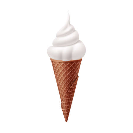 Delicious Vanilla Ice Cream in Brown Waffle Cone. Street Fast Food, Sweet Milky Dessert Creative illustration Isolated on White Backdropのイラスト素材