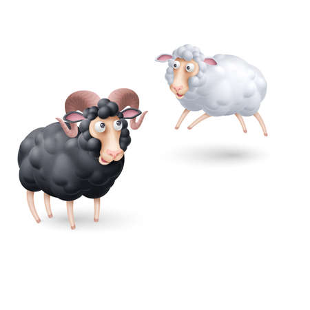Cute and Funny Two Black and White Sheep Characters. Cartoon Illustration of Pair Sheep on White Background. Perfect Template for Children Event Designsのイラスト素材