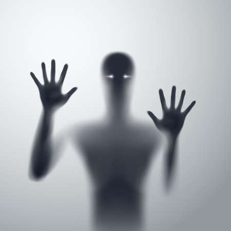 Horror Man Behind the Matte Glass in Black and White. Blurry hand and body figure abstraction. Halloween Background. Murder or Criminal Conceptのイラスト素材