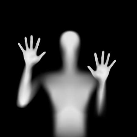 Shadow Blur of Horror Man Behind the Matte Glass. Blurry Hand, Body Figure Abstraction, and Two...