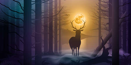 Silhouette of a Deer in Near a Trees at Night. Illustration of Landscape with Wild Forest, Trees, Hills, and Lake under Night Sky with Full Moonのイラスト素材
