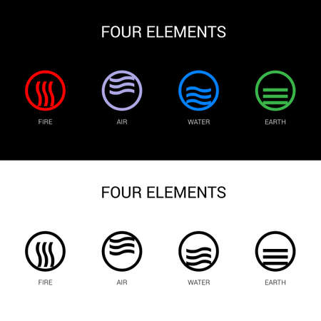 Four Elements of Nature Fire, Air, Water, Earth. Templates for Renewable Energy or Ecology Inscribed in a Circle. Abstract Concept of Alternative Energy Sources on Black and White Backgroundのイラスト素材