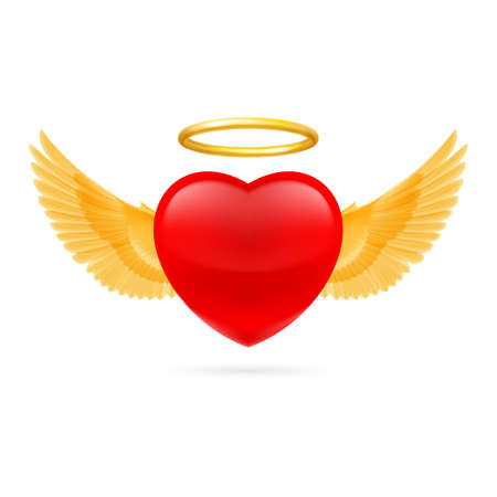Red Heart with Golden Nimbus and Angel Wings. Cute Cartoon Style Illustration. Romantic Love Lovesickness Symbol. St Valentine Greeting Card Decor, or Marriage Anniversaryのイラスト素材