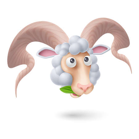 Ram Head with Curls and Big Horns is Eating Green Leaf. Funny Sheep or Ram on White Background. Silhouette of the Sheep. Cartoon Illustration for Funny Animals for Kids Bookのイラスト素材