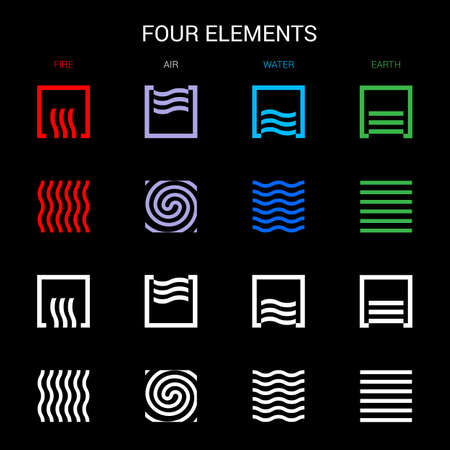 Four Elements of Nature Fire, Air, Water, Earth. Templates for Renewable Energy. Abstract Concept of Alternative Energy Sources on Black Backgroundのイラスト素材