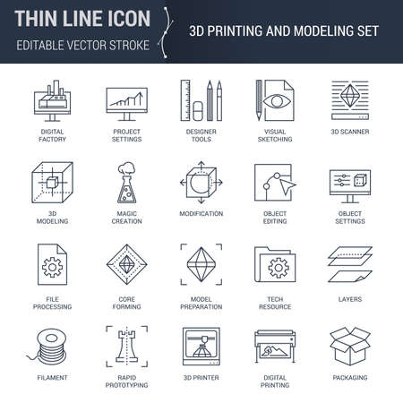 Icons Set of 3D Printing and Modeling. Premium Quality Outline Symbol Collection. Simple Mono Linear Pictogram Pack for Infographics, Presentations, User Interface, etc.のイラスト素材