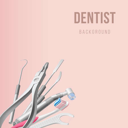 Basic Dentist Tools, and Instruments on Pink Background. Set of Medical Equipment for Teeth Dental Care. Dental Hygiene and Healthcare Conceptのイラスト素材