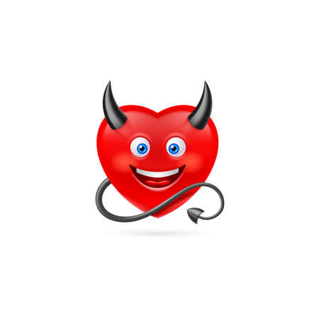 Red Heart Character with Black Horns and Devil Tail. Cute Cartoon Style Illustration. Romantic Love Lovesickness Symbol. St Valentine Greeting Card Decor, or Marriage Anniversaryのイラスト素材