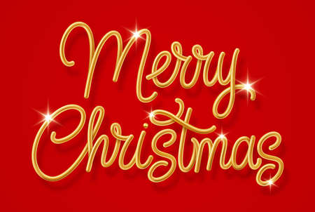 Golden Text Merry Christmas on Red Background with Golden Shiny Glitter. Creative Typography for Christmas and New Year Season. Perfect for Greeting Card, Holiday Greeting Gift Posterのイラスト素材