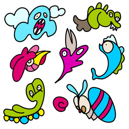 Funny Monsters Graffiti. Hand Drawn Sketch Art Collection of Funny Colorful Cartoon Doodle Illustrations on White Backgroundのイラスト素材