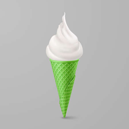 Soft Ice Cream in Green Waffle Cone. Street Fast Food, Sweet Milky Dessert Creative illustration Isolated on Gray Backdropのイラスト素材