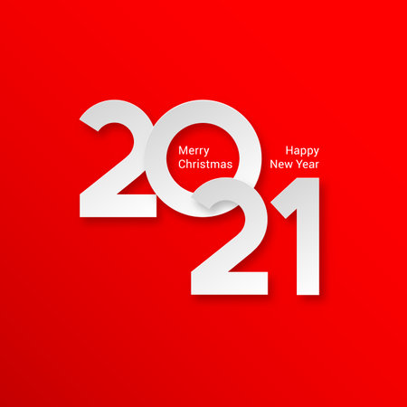 Happy New Year Twenty Twenty-One Design Template. Merry Christmas and A Happy New Year Seasonal Calendar Numbers Concept, Minimalism Style Script on Red Backdropのイラスト素材