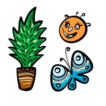 Hand Drawn Sketch Art Collection of Funny Colorful Cartoon Doodle Illustrations on White Backdrop for Creative Designsのイラスト素材