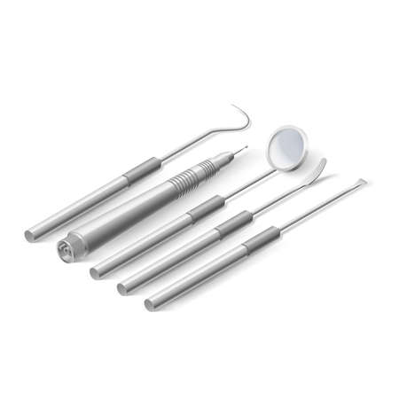 Basic Dentist Instruments and Tools. An Isometric Set of Metal Medical Equipment for Teeth Dental Care. Dental Hygiene and Healthcare Concept on Whiteのイラスト素材