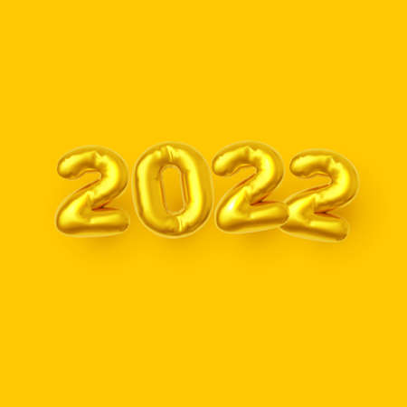 Gold numbers 2022 from balloons on a yellow background. New year concept