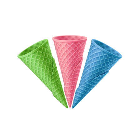 Three Ice Cream Waffle Cones. Empty Sugar Crunchy Icecream Green, Pink, and Blue Waffle Cone. Street Fast Food Creative illustration Isolated on White Backdropのイラスト素材