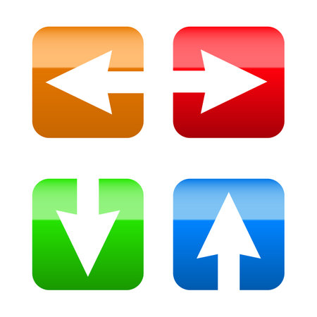 Arrow to the Left, Right, Down and Up Silhouette Four Color App Icon Design. Arrowhead in Square Indicating Different Directions. Motion Indicator Interface Website Buttonsのイラスト素材