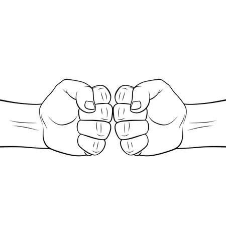 Two Male Fists Hitting Each Other. The Concept of Business Success, Teamwork, or Learning Together Success. Thin Line Icon for Website Design. A Realistic Black and White Sketchのイラスト素材