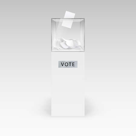 Illustration of the Realistic Transparent Ballot Box with Voting Paper in Hole. Art Design Glass Case is on Museum Pedestal, Stage, or 3D Podium o Gray Backdropのイラスト素材