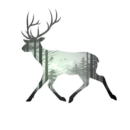 Nature Landscape Inside of Noble Deer. Pine Forest, with Flying Birds, and the Rays of the Morning Sun. Illustration on White Backdrop Art Style, Double Exposureのイラスト素材