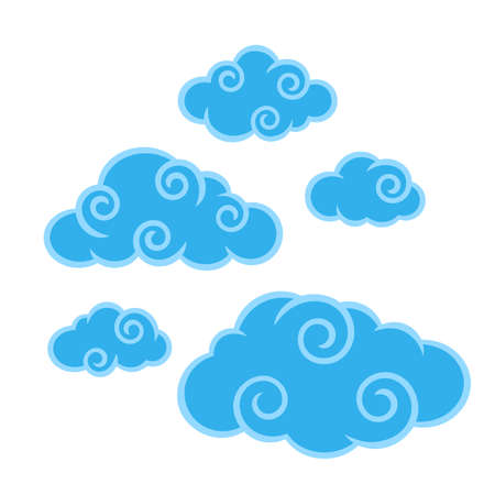 Swirl Chinese Clouds Isolated on White Background. Cute Illustration for Decorating Sky, Weather Forecast, Fabric Print. Sketch Template in Cartoon Outline Style. Kids cartoon style.のイラスト素材