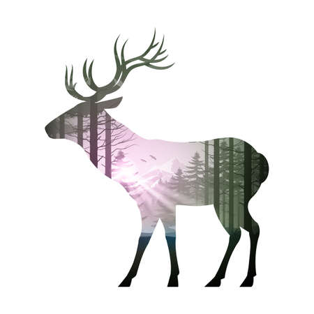 Nature Landscape Inside of Noble Deer. Illustration on White Backdrop Art Style, Double Exposure. Save Nature and Wildlife Concept. Ecology, Environment Conservation, Adventureのイラスト素材