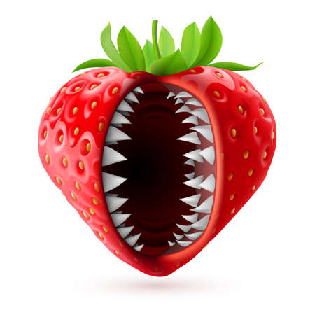 Ripe Red Strawberries Character Monster for Halloween with Jaw Shark. Concept of the Autumn Holiday Fruit on a White Backgroundのイラスト素材