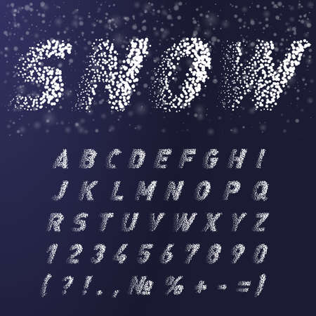 Snow Alphabet Font. Letters and Numbers with Wind Effect. Stock Typeface for Your Holidays Design. Collection of Letters with Snow Effects on Dark Backgroundのイラスト素材